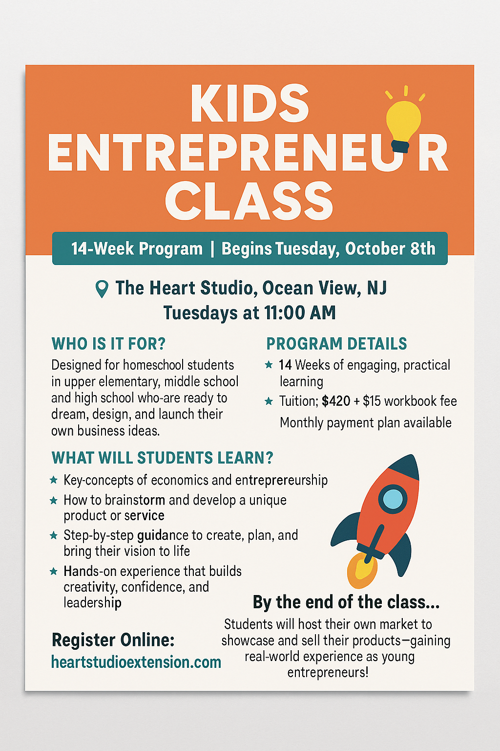 Kids Entrepreneur Class – 14 Weeks + Market Day (Starts Oct 8, 11am, Ocean View NJ)